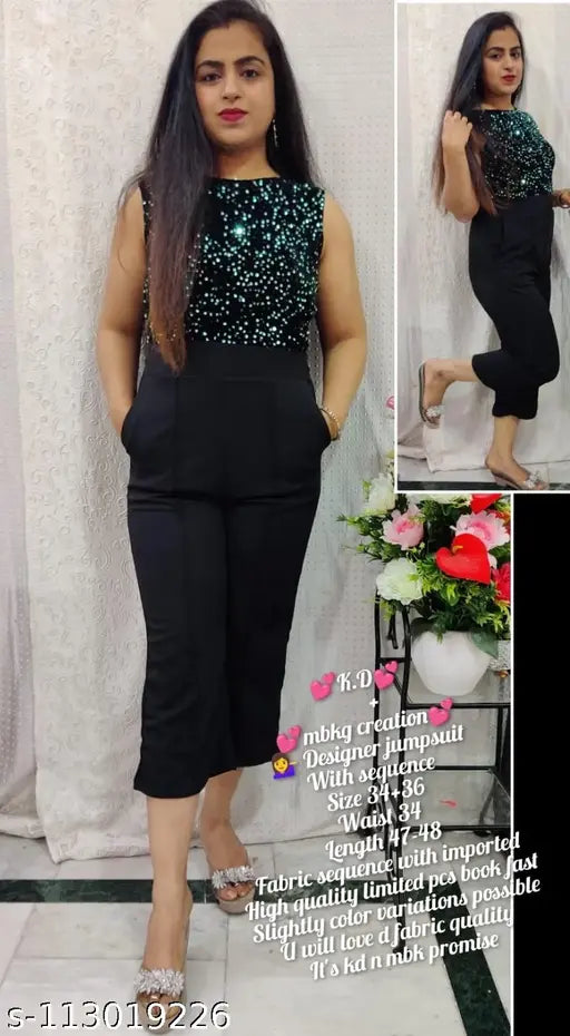 Green cotton cambric sleeveless sequence jump suit for women & girls, high quality imported with self-design net, graceful look, each piece elegantly crafted