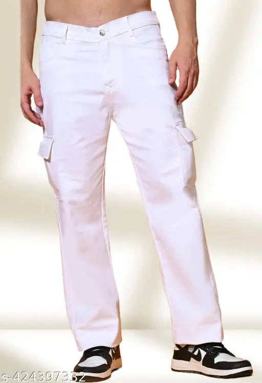 White men's loose fit denim jeans with cargo pockets, zip closure