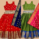 Red Banarsi chanderi silk sleeveless lehenga-choli for girls (13-14 years), floral printed with stitched net, perfect for Navrati or Holi celebrations