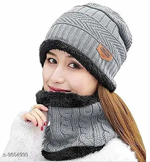 Grey wool cap and neck muffler set of 2, free size