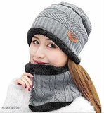 Grey wool cap and neck muffler set of 2, free size