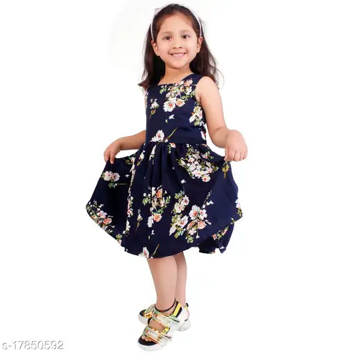 Navy blue floral print dress, short sleeves, knee-length