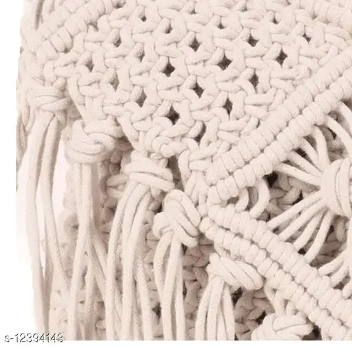 Trendy womens slingbag, large white crochet bag with tassel handles
