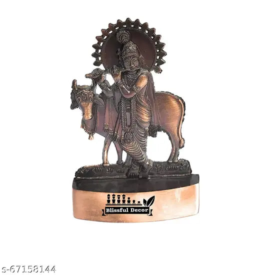 Copper-plated Krishna with Cow statues, small metal figurine for car dashboard or home decor, antique finish, Indian handicraft