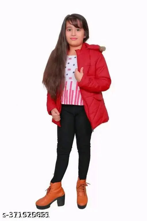 Red jacket with hood, long sleeves, zipper front closure