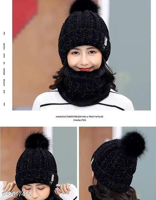 Black winter cap, fur trim, soft material, warm, snow proof, scarf included