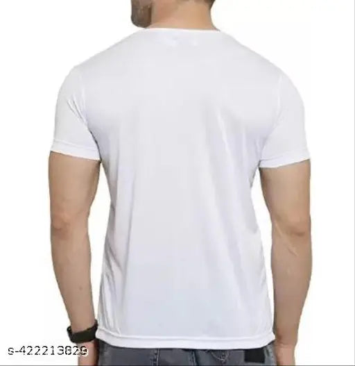 Mens white printed polyester round neck t-shirt with short sleeves, featuring vibrant design on chest. XXS (32in x 23in), XS (34in x 23.5in), S (36in x 24in), M (38in x 25in), L (40in x 26in), XL (42in x 27in). Indian-made