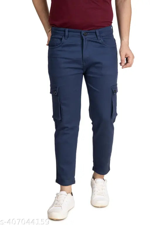Blue cotton cargo denim for men with spacious pockets and belt loops, classic denim styling. #DenimTrend #CargoCool #MensFashion