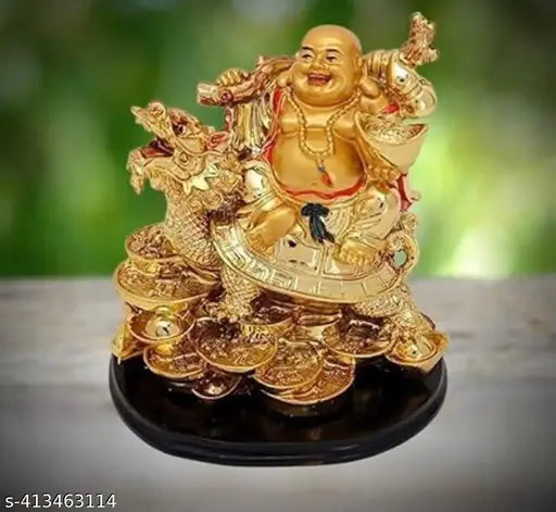 Golden resin laughing Buddha on turtle, Feng Shui gift for wealth, success, happiness, good luck - decorative showpiece (7cm)