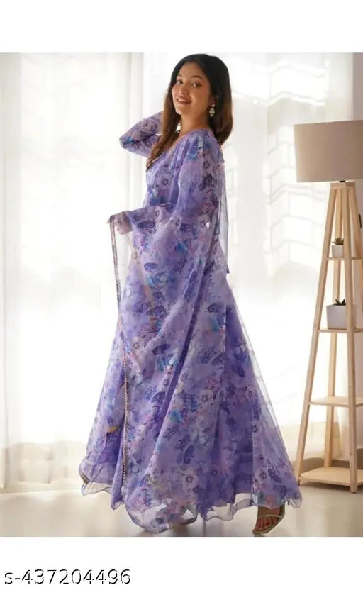 Blue Georgette Flower Printed Gown Set with Dupatta, ideal for women's functions & everyday wear, available in S, M, L, XL, XXL. Indian handcrafted beauty
