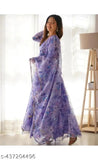 Blue Georgette Flower Printed Gown Set with Dupatta, ideal for women's functions & everyday wear, available in S, M, L, XL, XXL. Indian handcrafted beauty