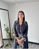 Rayon floral embroidered A-line kurta, solid green palazzos set for women, stylish ethnic dress from India