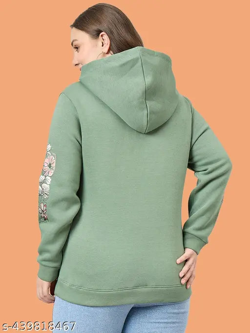 Olive fleece sweatshirt for women with printed graphic design, long sleeves and hood