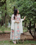 White Georgette & Rayon Plazzo Dupatta Set with Embroidered Three-Quarter Sleeve Top, India. Heavy Faux Georgette with Riyal Mirror Work and Fancy Full Sleeve. Party wear kurta and dupatta set for women, new designer suit available in sizes S-XXL