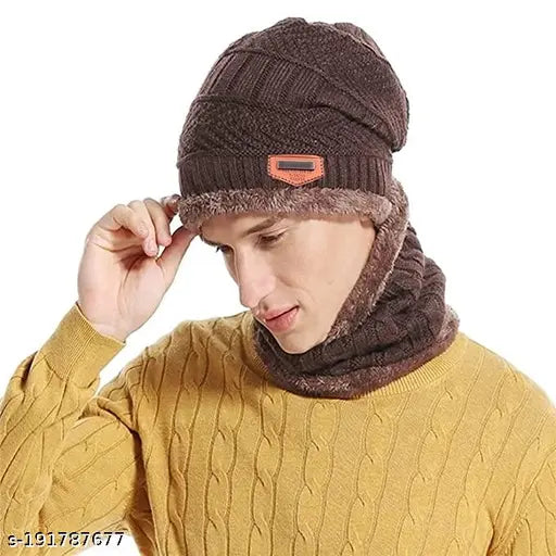 Brown woolen beanie cap set with neck muffler scarf for men and women (2 pieces) - ideal for outdoor activities like hiking, skiing, or cycling. Made from acrylic, fur, and wool. Hand wash only