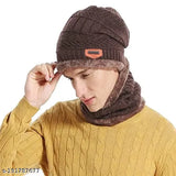 Brown woolen beanie cap set with neck muffler scarf for men and women (2 pieces) - ideal for outdoor activities like hiking, skiing, or cycling. Made from acrylic, fur, and wool. Hand wash only