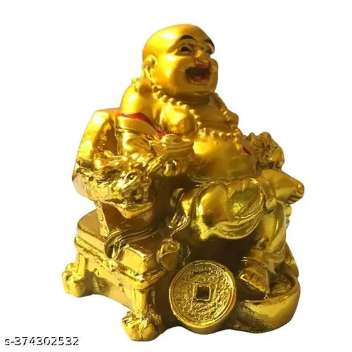 Gold resin Feng Shui laughing Buddha statue with coin and ingot, symbolizing wealth and prosperity