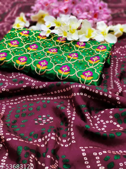 Vichitra Silk Bandhni printed saree with embroidered Banglori Sattin blouse piece, Indian handcrafted traditional wear