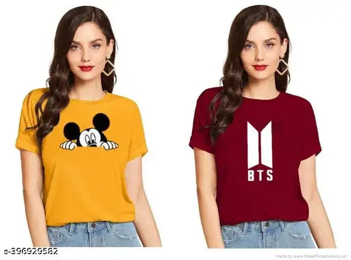 Women's stylish Mickey & BTS printed cotton t-shirts combo (Pack of 2) - summer essentials, party wear, girls trendy tops