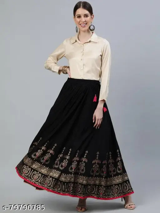 Designer rayon printed net western skirts, two colors - white and black, Jaipuri gold print, long full length for women and girls. Accessory for weddings and parties, free size waist up to 26-38 inches, normal wash only. Made in India
