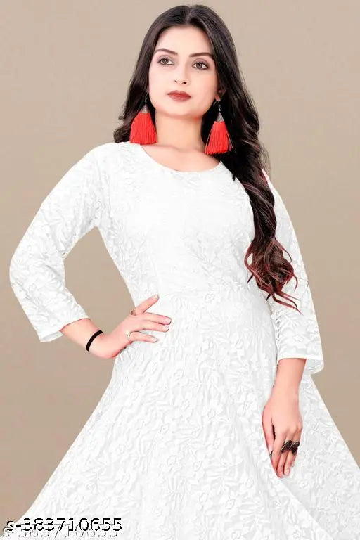 White net Anarkali gown and kurtis for women, self-designed with three-quarter sleeves. Embroidered Indian wedding or party wear