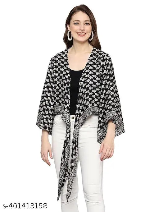 Art Silk three-quarter sleeve printed crop top, V-neckline, free size (42in bust, 18in length), Kanha exports India