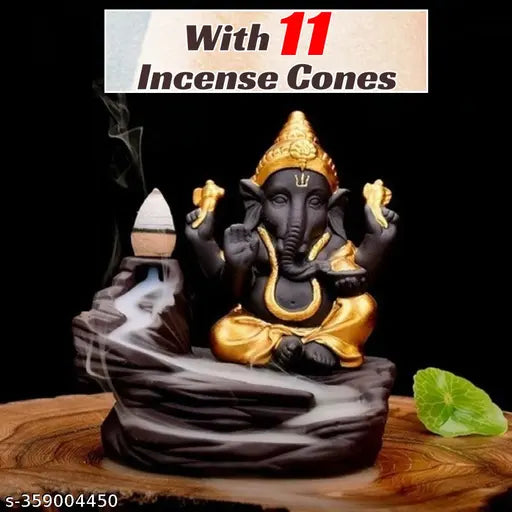 Handcrafted Lord Ganesha idol, backflow cone, brass, wooden table