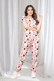 White and cream printed nightsuit for women, short sleeves polycotton top and bottom with intricate patterns on display