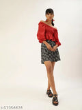 Blazing red polyester solid smocked crop top, long sleeve, Indian-made fashion wear