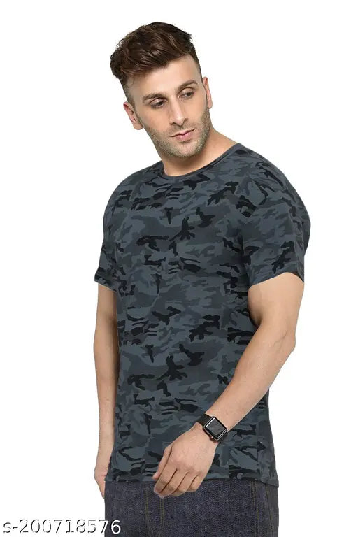 Grey polyester military camouflage t-shirt by Yilden, loose fit, short sleeves, dark grey color, ideal for casual & outdoor wear, made in India