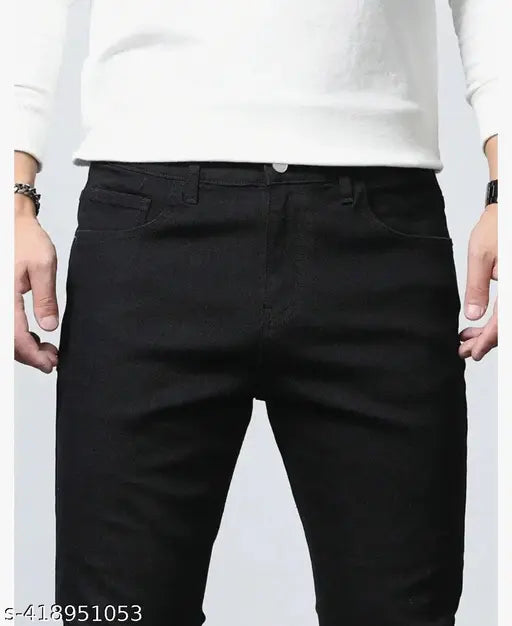 Stylish black denim jeans for men, solid pattern in sizes 26, 28, 30, and 32 from India