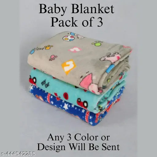 Lightweight microfiber baby blanket set (3 pcs), soft and comfortable for AC rooms, featuring cartoon prints - India origin