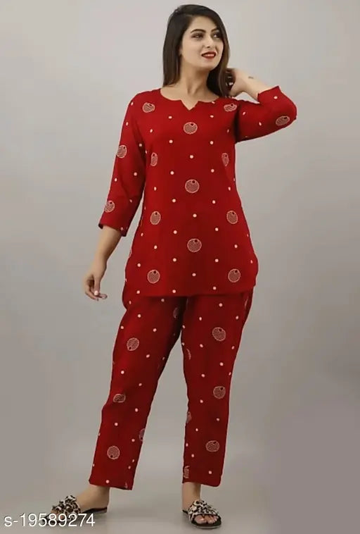 Women's printed rayon night suit set in red, three-quarter sleeves and pyjama style from India
