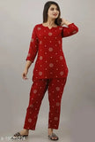 Women's printed rayon night suit set in red, three-quarter sleeves and pyjama style from India
