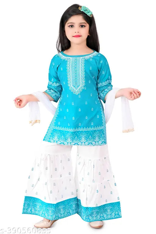 Printed ethnic rayon kurta & sharara set with dupatta, three-quarter sleeves, perfect for kids aged 2-6 years, Indian traditional wear