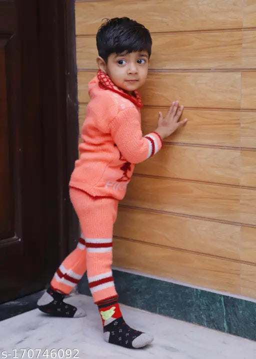 Peach striped woolen knitted hooded sweater with pyjama pant collar neck, cartoon flower printed for 12 years baby (1 pair)