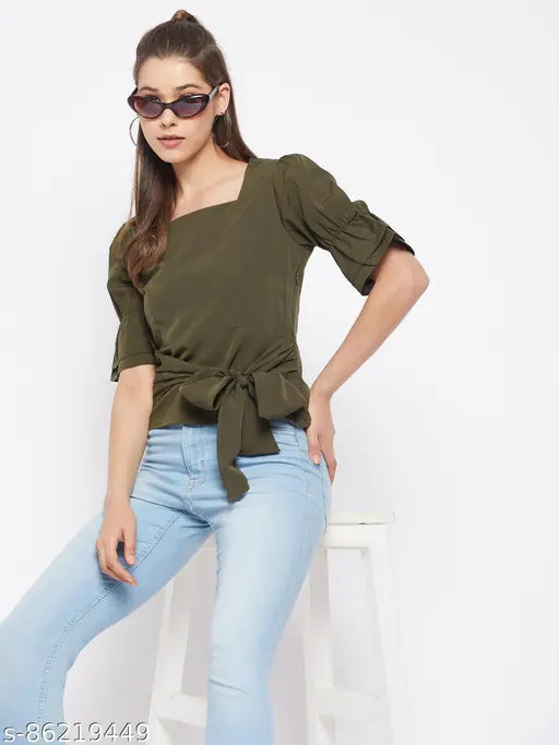 WineRed olive green puff sleeve top, polyester fabric, short sleeves, solid pattern, women's cropped style, India-made