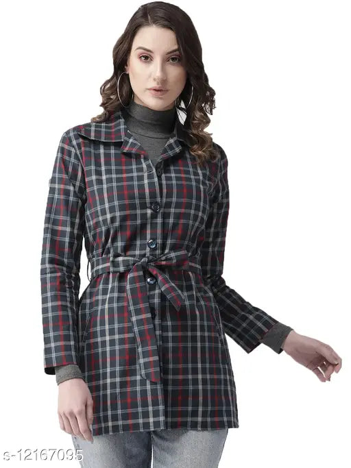 Navy blue checked cotton tailored jacket with long sleeves, printed net pattern for women's fashion