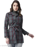 Navy blue checked cotton tailored jacket with long sleeves, printed net pattern for women's fashion