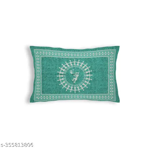 Green cotton Jaipuri pillow cover with tribal design, 100% cotton.