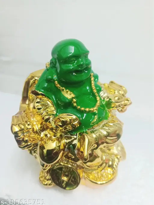Green laughing Buddha home decor, sitting on a sofa