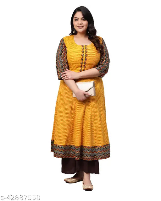 Mustard cotton geometric print Anarkali Kurta for women plus size, 5XL (Bust 50in, Length 49in)
