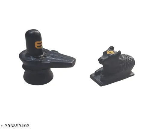 Handcrafted black marble Shivling and Nandi idols, hand-painted tilak - Indian artisan made, set of 2 pieces