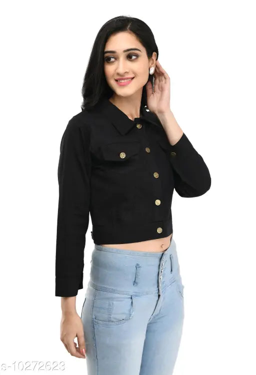 Cotton blend black jacket for women, solid design in long sleeves - India origin