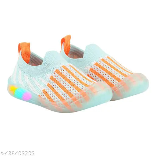 Light blue knitted kids' first walking shoes with LED lights, suitable for boys and girls
