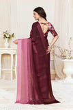 Burgundy silk sari with embellished border, long pallu