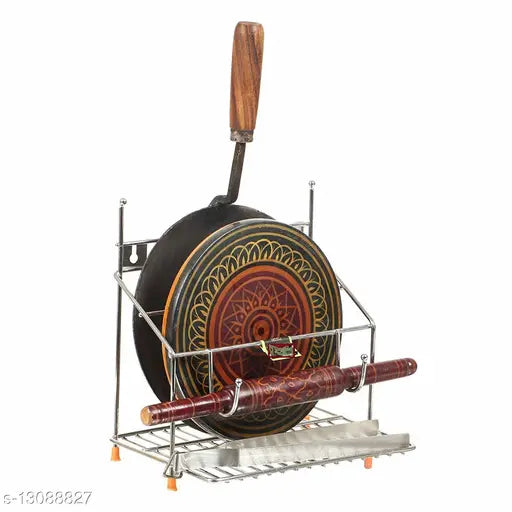 4-in-1, free size Kariox stainless steel kitchen stand: Chakla Belan, Tawa, Rolling Pin Holder - RustFree, Indian-made