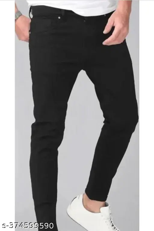Men's basic black denim jeans - solid fit, dyed/washed, sizes 28, 30, 32, made in India