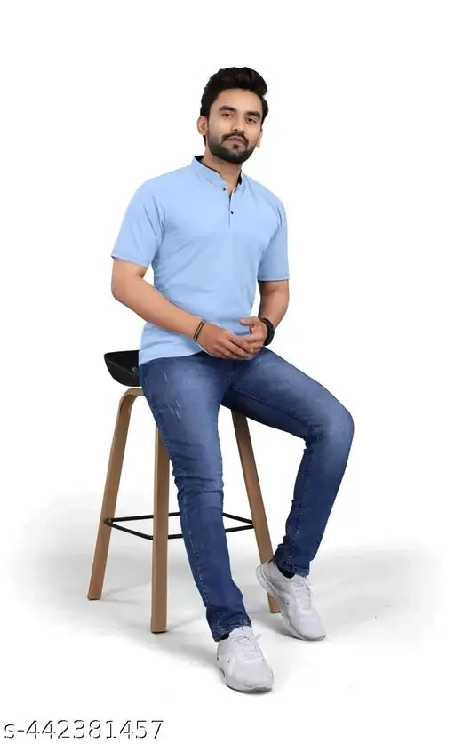 Modern cotton blend men's t-shirt with Chinese collar, solid color, short sleeves [Size: S, M, L, XL, XXL]