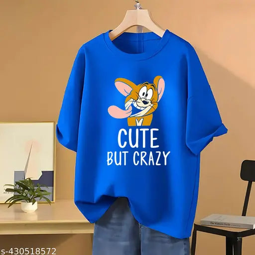 A blue oversized t-shirt with a graphic of a cartoon character